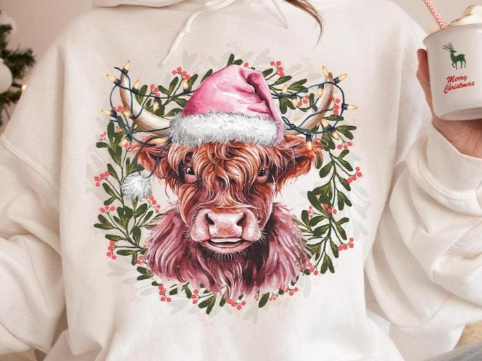 DTF Transfer Christmas Cows Pink Hat