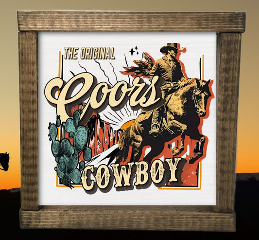 Rustic Framed Wooden 7" & 13" Coors Cowboy