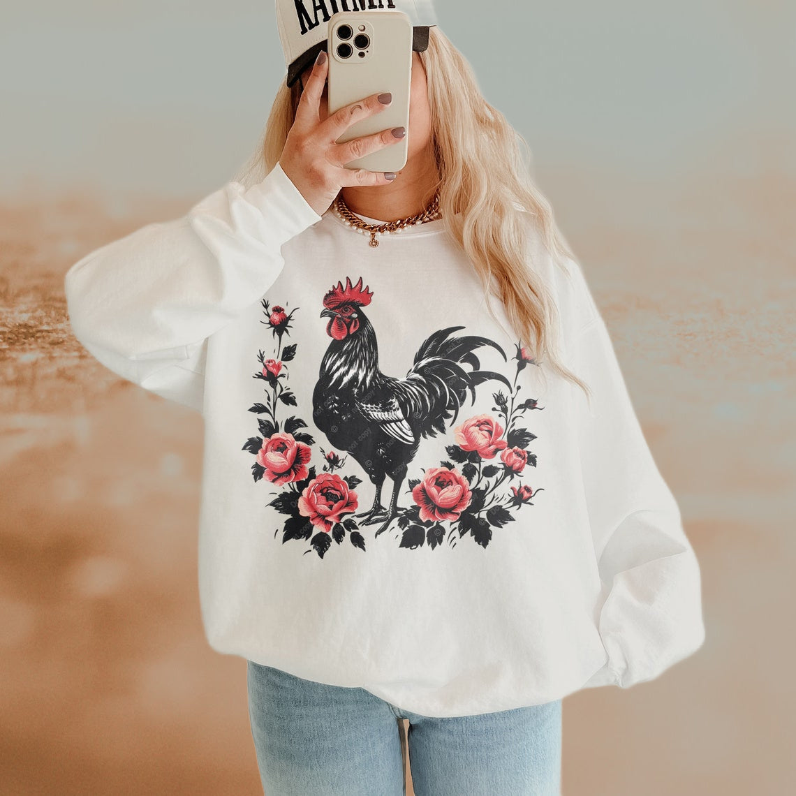 T-Shirt Or Sweatshirt Country Rooster  Roses - Flowers Rustic