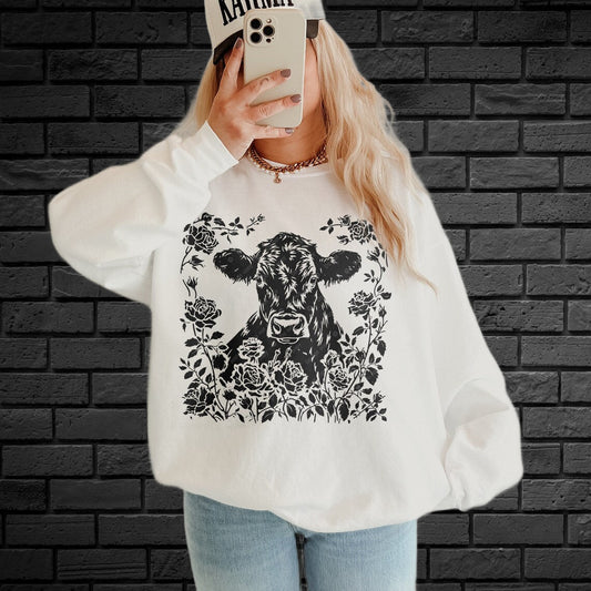 Black  White Cow Print T-Shirt or Sweatshirt with Floral Accents