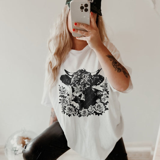 Black  White Cow Print Flower T-Shirt or Sweatshirt 2