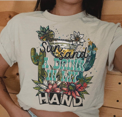 T-Shirt Tee Or Sweatshirt Western Sun & Sand Drink In Hand Summer