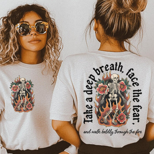 DTF Transfer Floral Skeleton – Take a Deep Breath Face the Fear Quote