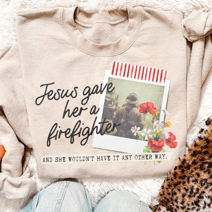 DTF Transfer – Jesus Gave Her a Firefighter with Floral Polaroid Design