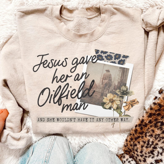 DTF Transfer – Jesus Gave Her an Oilfield Man Floral Polaroid Design