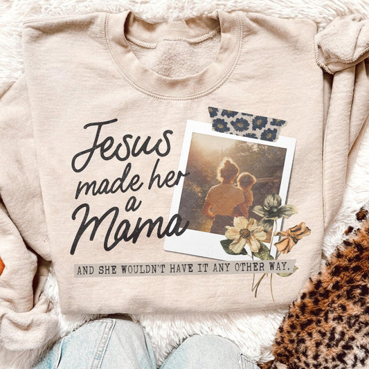 DTF Transfer Jesus Made Her a Mama – Faith-Based Polaroid Style Floral Mom Graphic