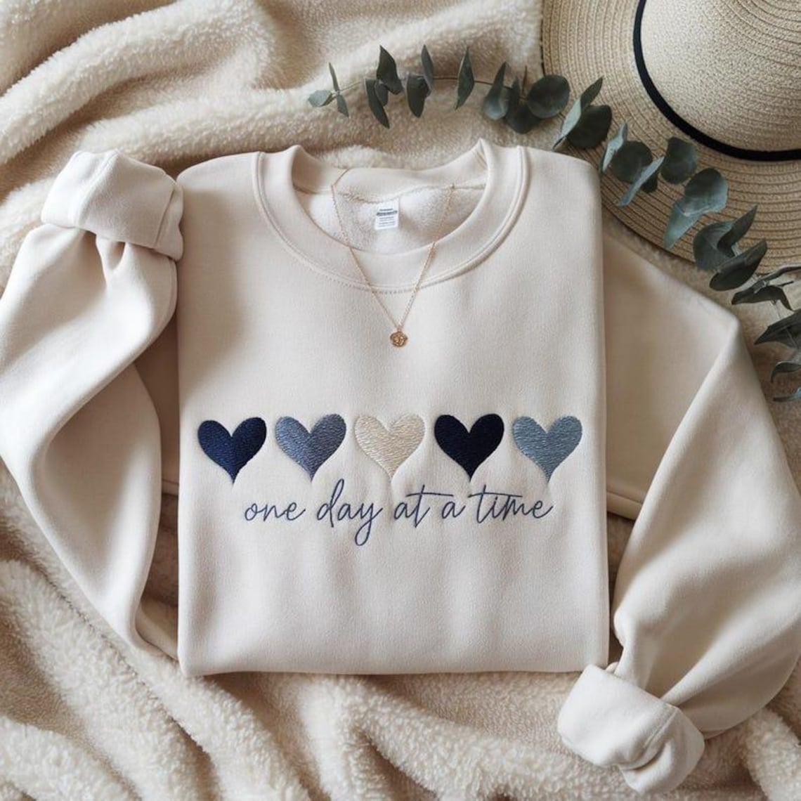 Embroidered Blue Gradient Hearts “One Day at a Time”