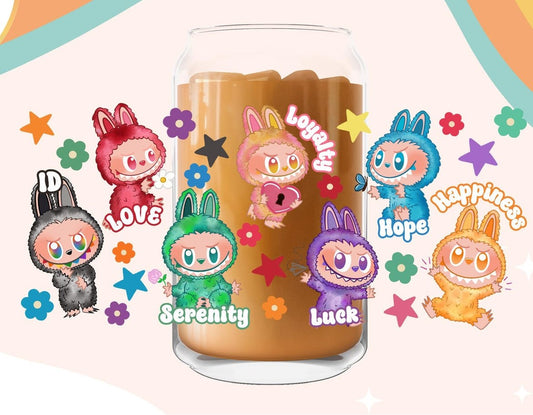 UV-DTF Cup Wrap – Rainbow Bunny Emotions with Positive Words & Stars – Cute Kawaii Vibes