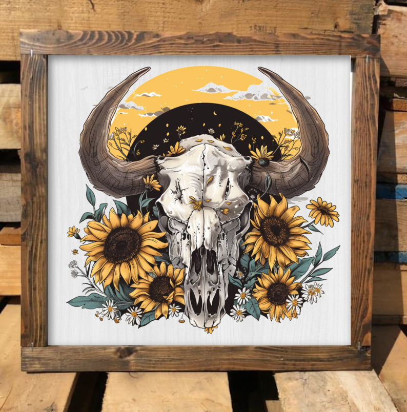 Rustic Framed Wooden  2 Sizes Country Farmhouse Cow Skull