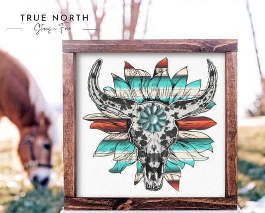 13" Framed Wooden Aztec Bull Head Rich Colors