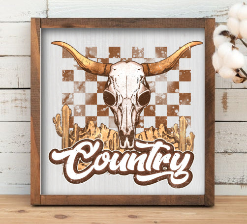 Rustic Framed Wooden  2 Sizes Country Farmhouse Cow Skull