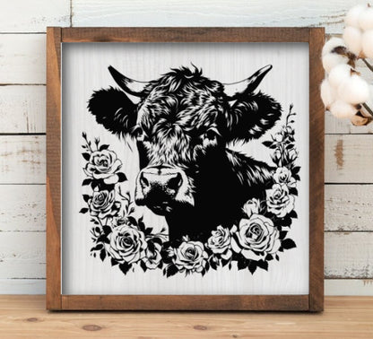 Rustic Framed Wooden  2 Sizes Country Farmhouse Cow