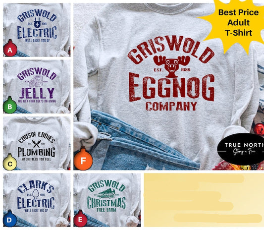 Collage of 'Griswold' themed t-shirts and sweatshirts with promotional text.