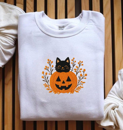 Embroidered Halloween Sweatshirt – Black Cat & Pumpkin Design