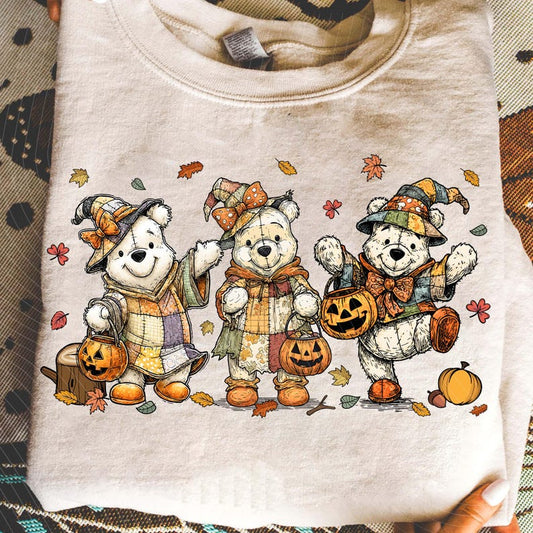 DTF Transfer Fall Halloween Patchwork Bears Pumpkin Design