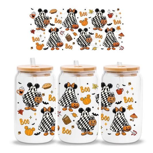 UV-DTF Cup Wrap Stickers | Halloween Ghost Mickeyy & Minniee with Pumpkins | Boo Spooky Cute Fall Cup