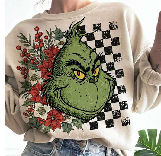 DTF Transfer Christmas Grinchh Floral with Checkerboard Background