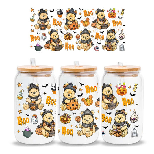 UV-DTF Cup Wrap Stickers | Halloween Bear with Pumpkins, Candy & Boo | Cute Spooky Fall Cup Decor