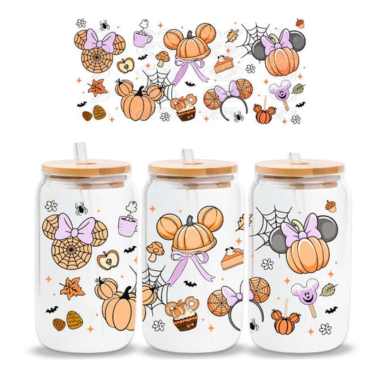 UV-DTF Cup Wrap Stickers | Halloween Mickeyy & Minniee Pumpkins with Bows | Spooky Cute Fall Cup Decor
