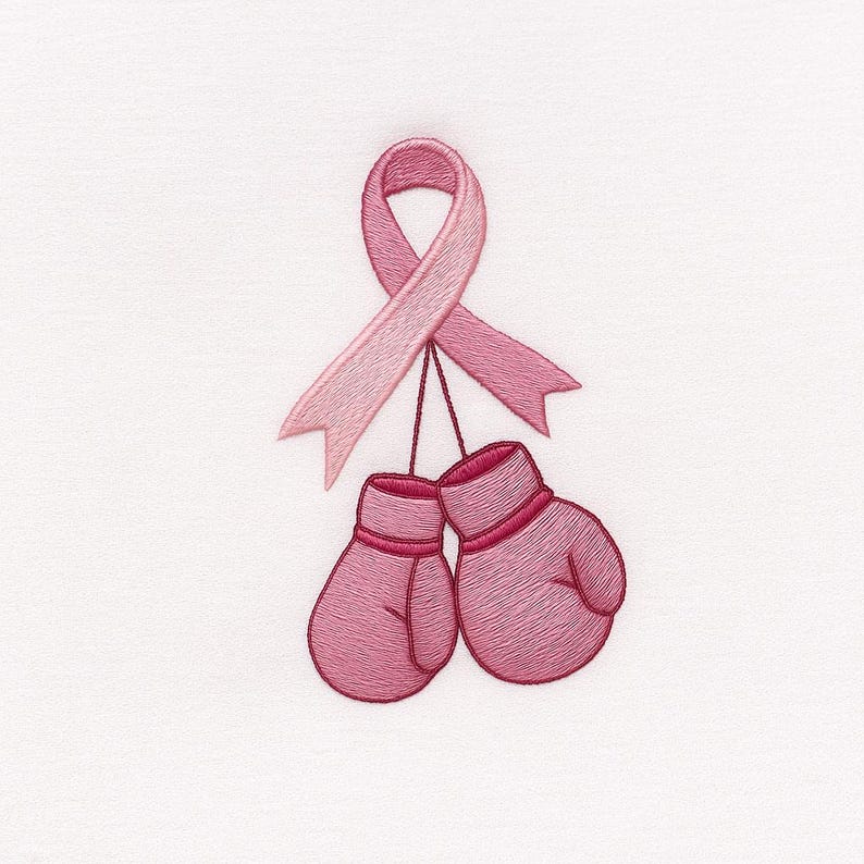 Embroidered Crew Neck Pink Ribbon Boxing Gloves Breast Cancer Awareness