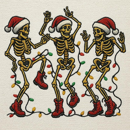 Skeletons Santa Hats Festive Embroidered Crewneck