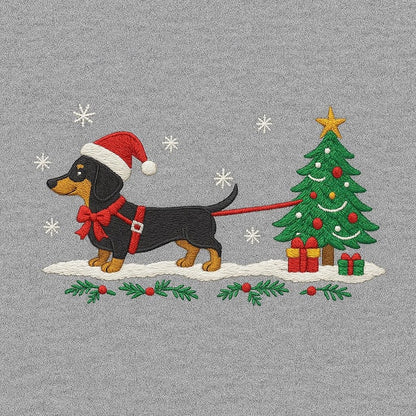 Embroidered Crew Neck – Christmas Dachshund with Tree