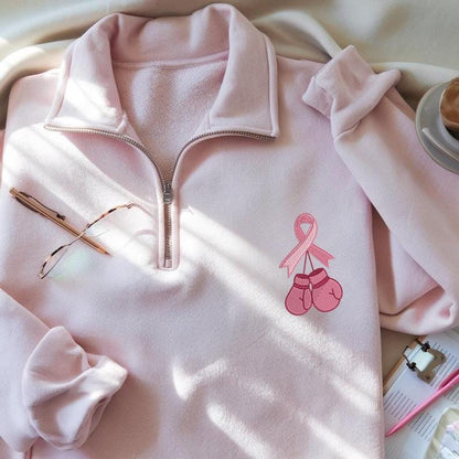 Embroidered Crew Neck Pink Ribbon Boxing Gloves Breast Cancer Awareness