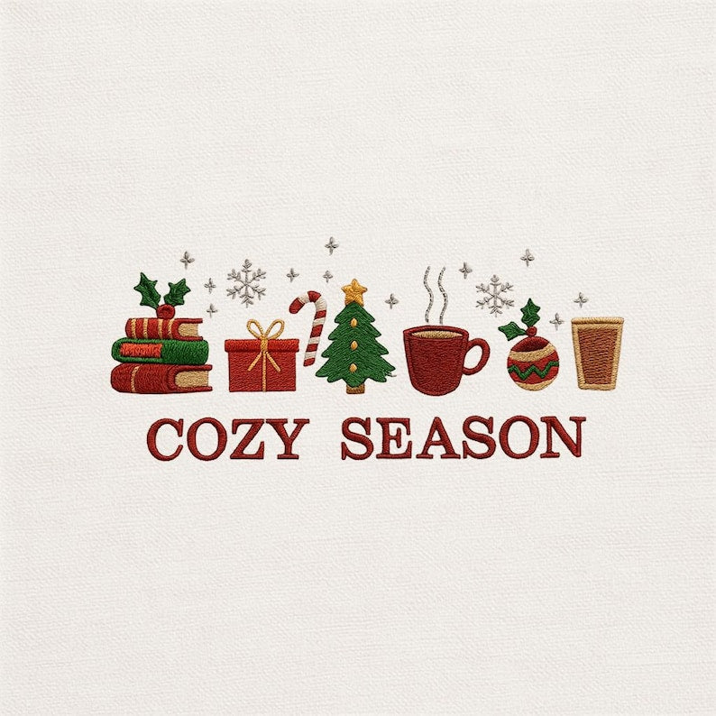 Embroidered Crew Neck Cozy Season Christmas Books & Coffee