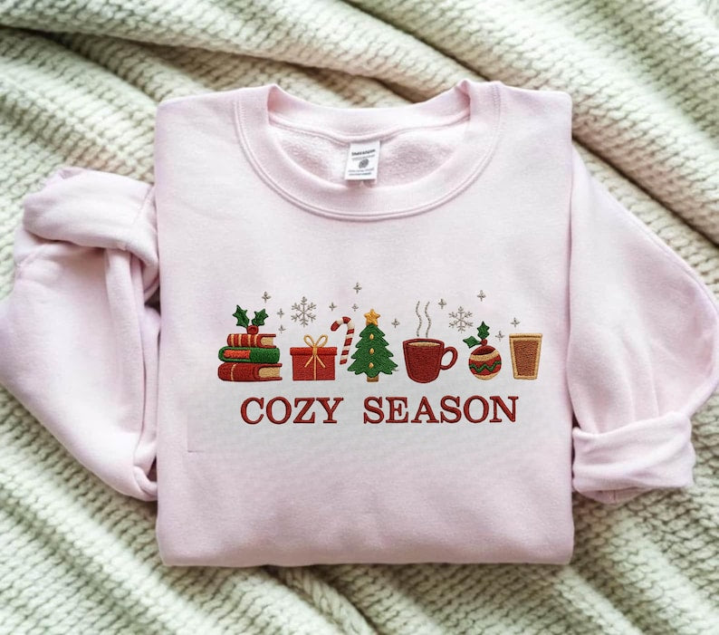 Embroidered Crew Neck Cozy Season Christmas Books & Coffee