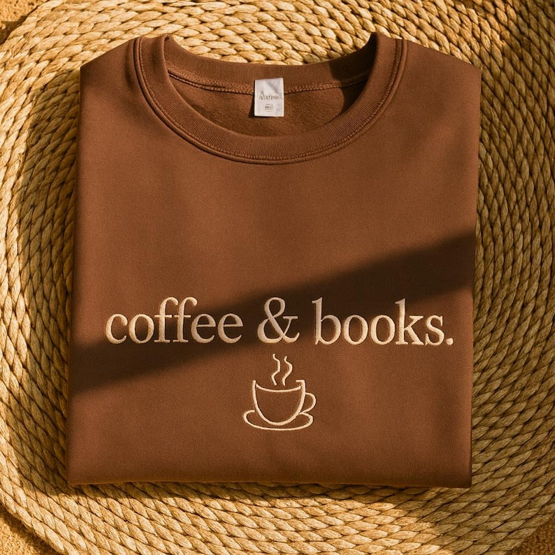 Embroidered Crew Neck – Coffee & Books Minimalist Aesthetic