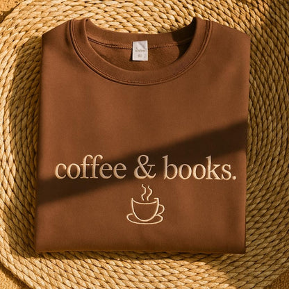 Embroidered Crew Neck – Coffee & Books Minimalist Aesthetic