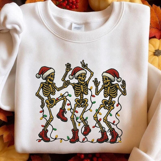 Skeletons Santa Hats Festive Embroidered Crewneck