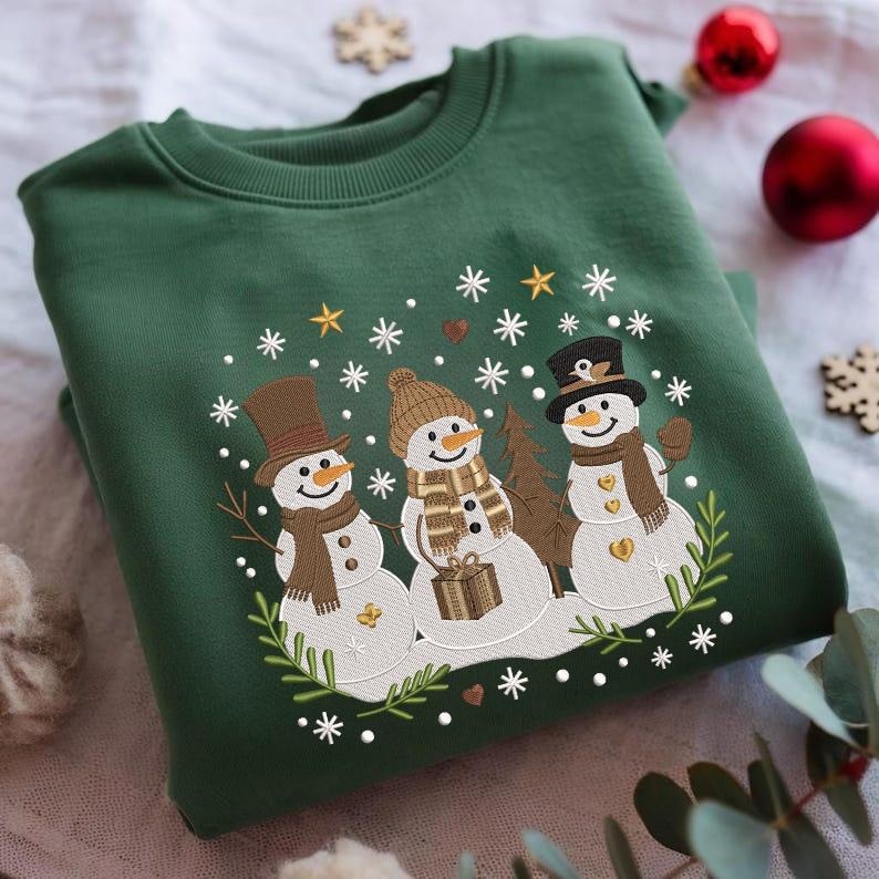Embroidered Crew Neck – Trio of Snowmen with Gifts & Stars Cozy