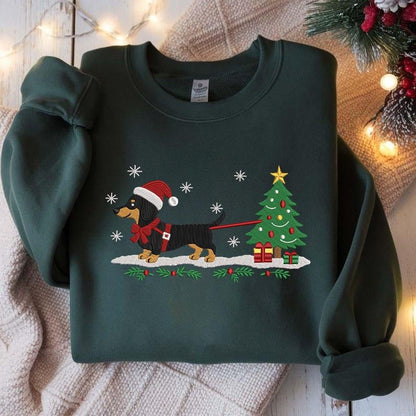 Embroidered Crew Neck – Christmas Dachshund with Tree