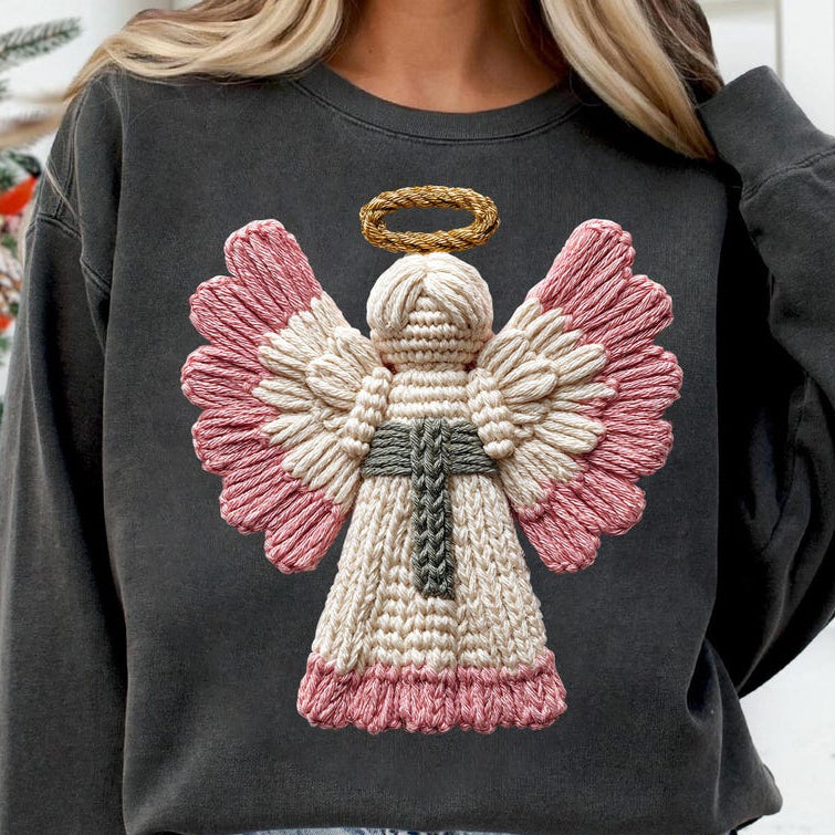 DTF Transfer Wool Effect Christmas Decoration with Pink Wings & Golden Halo