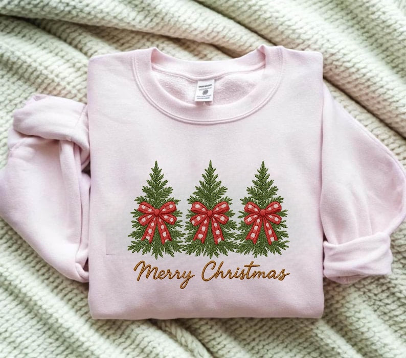 Embroidered Crew Neck – Merry Christmas Trees with Red Bows Holiday
