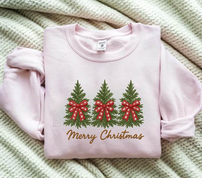 Embroidered Crew Neck – Merry Christmas Trees with Red Bows Holiday