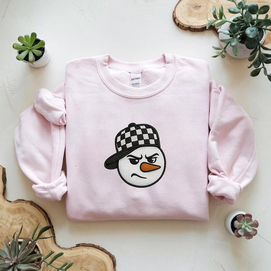 Embroidered Cool Snowman Crewneck with Checker Hat