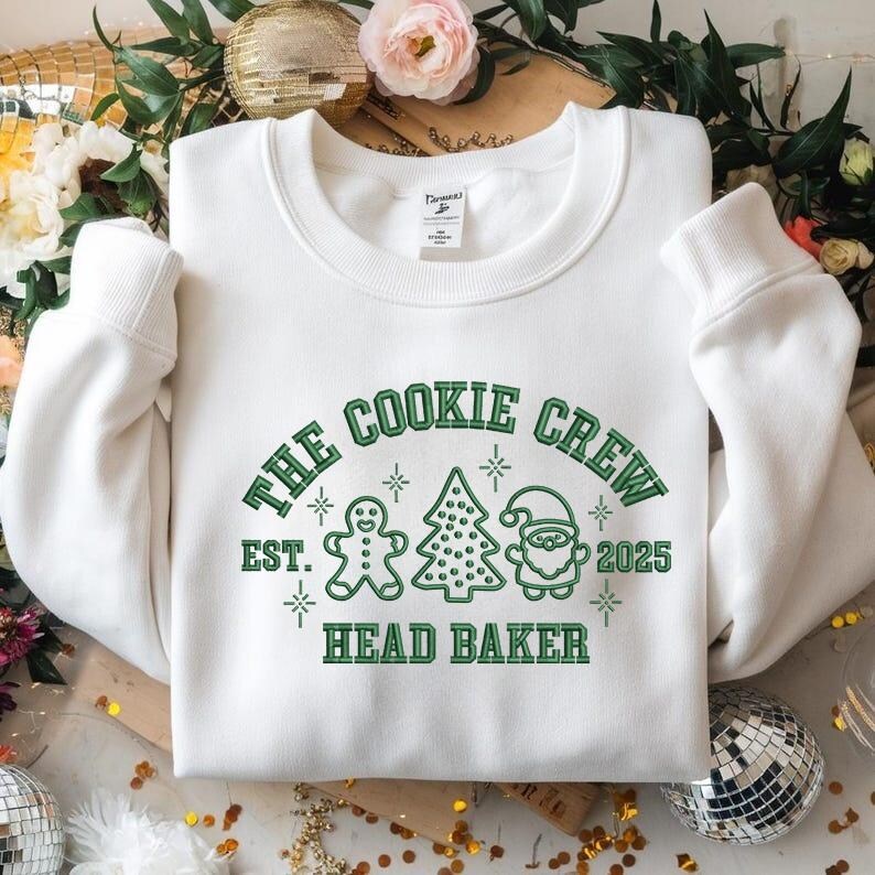 Embroidered Crew Neck  Cookie Crew Head Baker Christmas