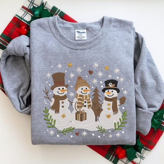 Embroidered Crew Neck – Trio of Snowmen with Gifts & Stars Cozy