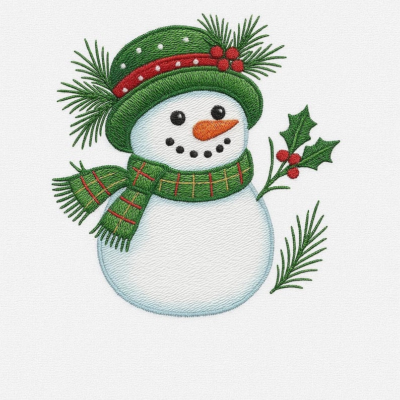 Embroidered Crew Neck – Snowman in Green Scarf & Hat Christmas