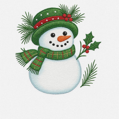 Embroidered Crew Neck – Snowman in Green Scarf & Hat Christmas