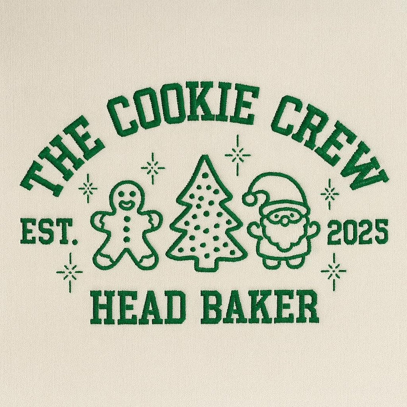 Embroidered Crew Neck  Cookie Crew Head Baker Christmas