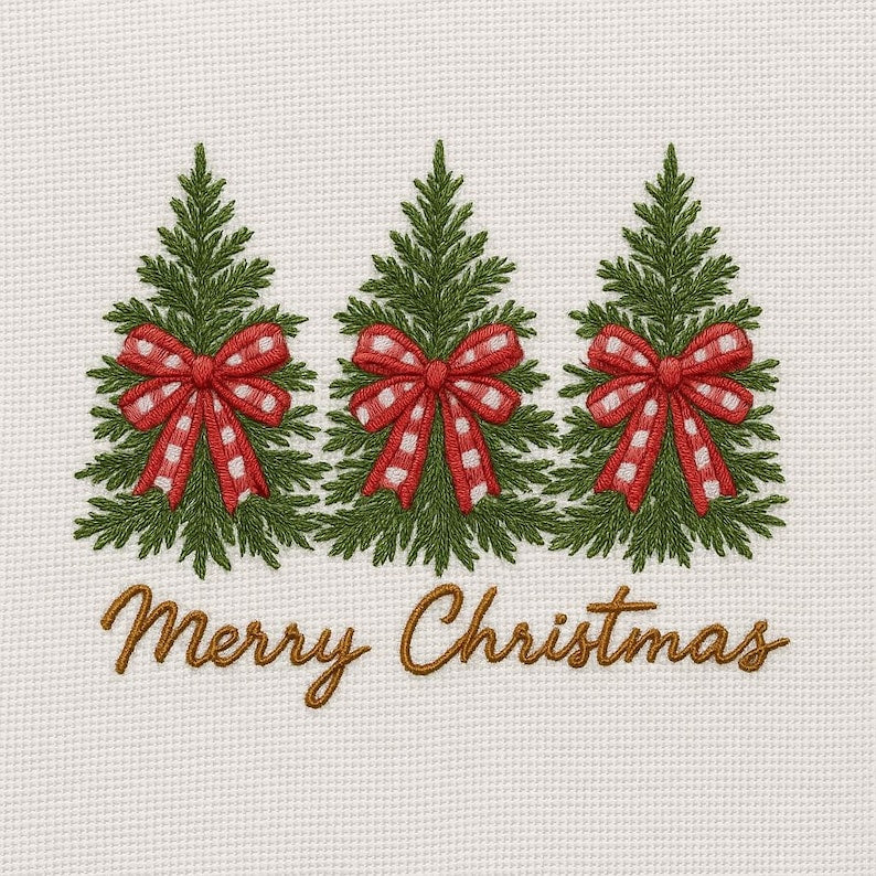 Embroidered Crew Neck – Merry Christmas Trees with Red Bows Holiday