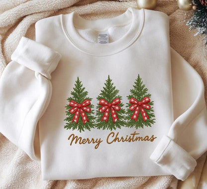 Embroidered Crew Neck – Merry Christmas Trees with Red Bows Holiday