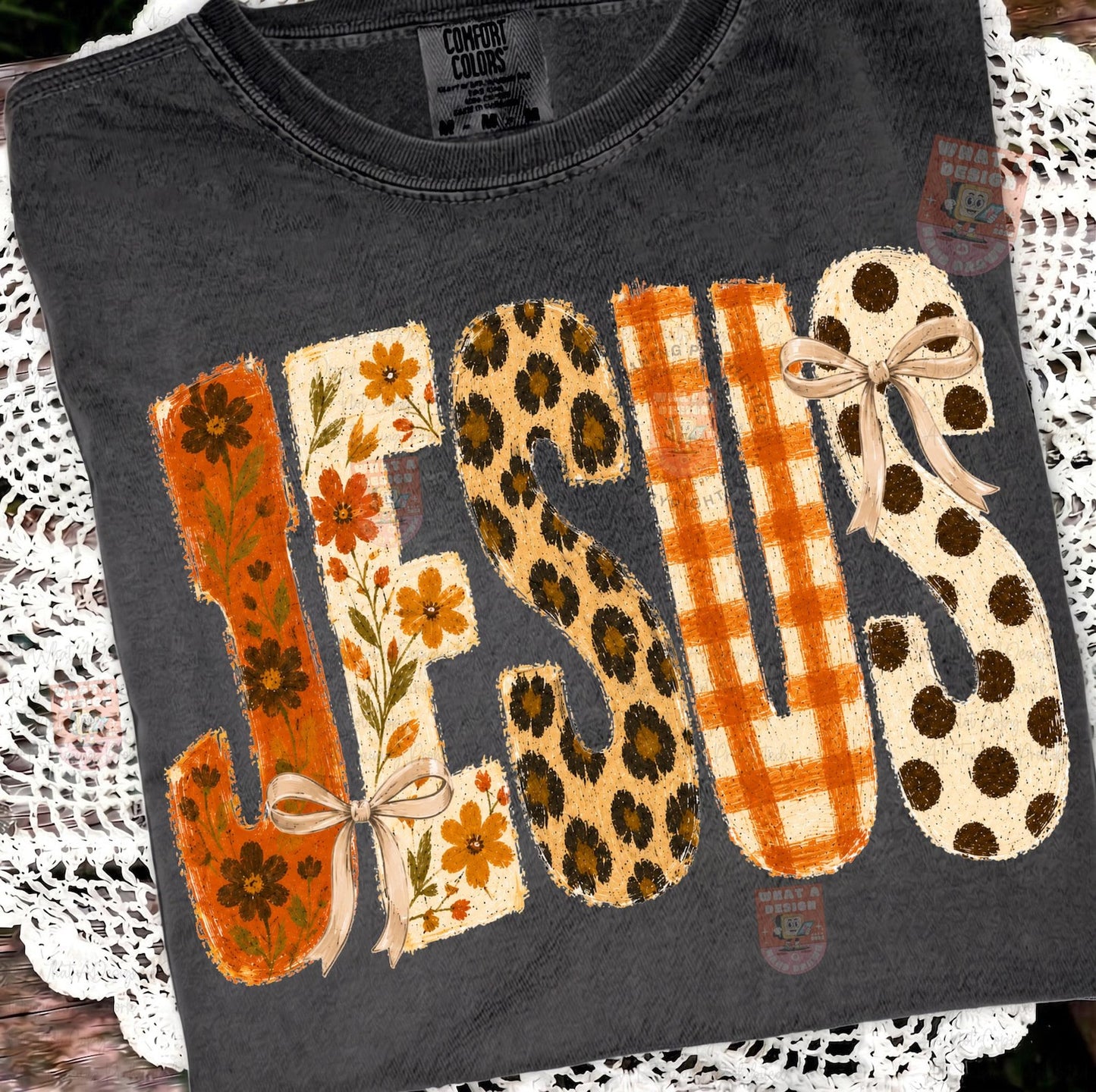 Jesus fall DTF transfer shown on a charcoal T-shirt