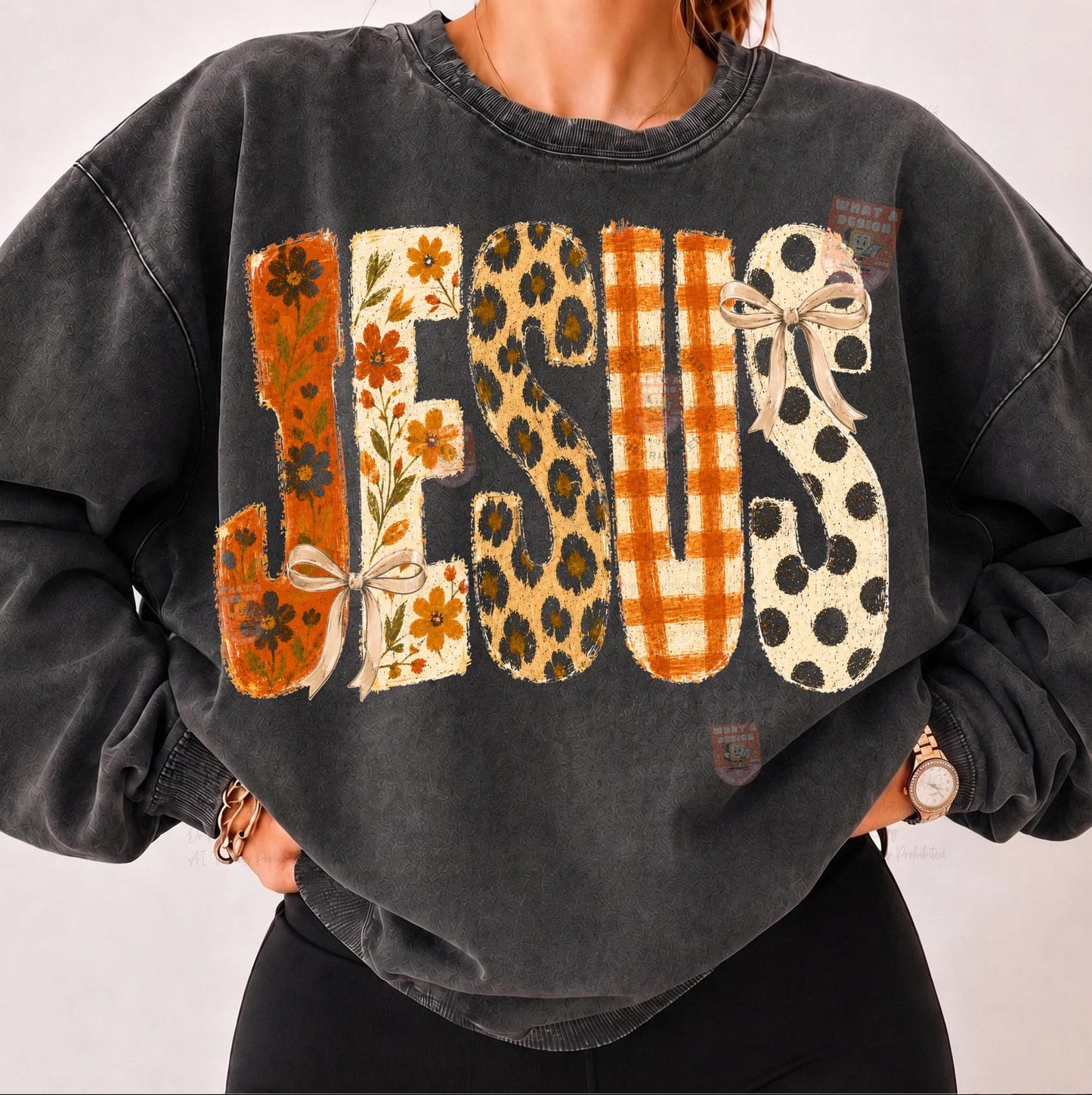 Jesus autumn DTF transfer shown on a mineral-wash sweatshirt