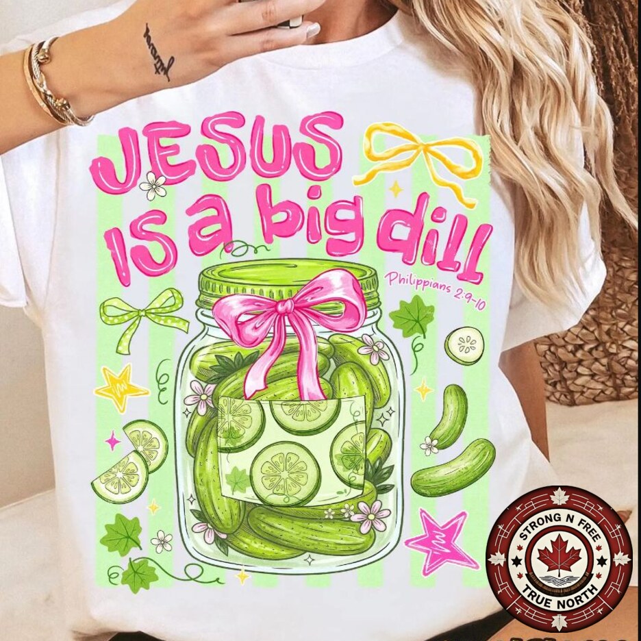 Jesus Is a Big Dill faith DTF transfer on white shirt mockup
