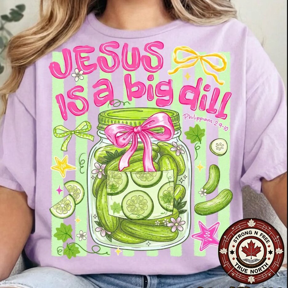 Funny Christian pickle DTF transfer on purple apparel