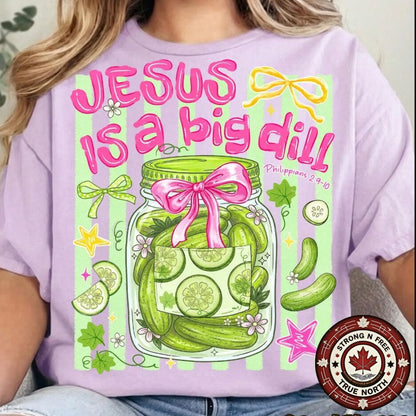Funny Christian pickle DTF transfer on purple apparel